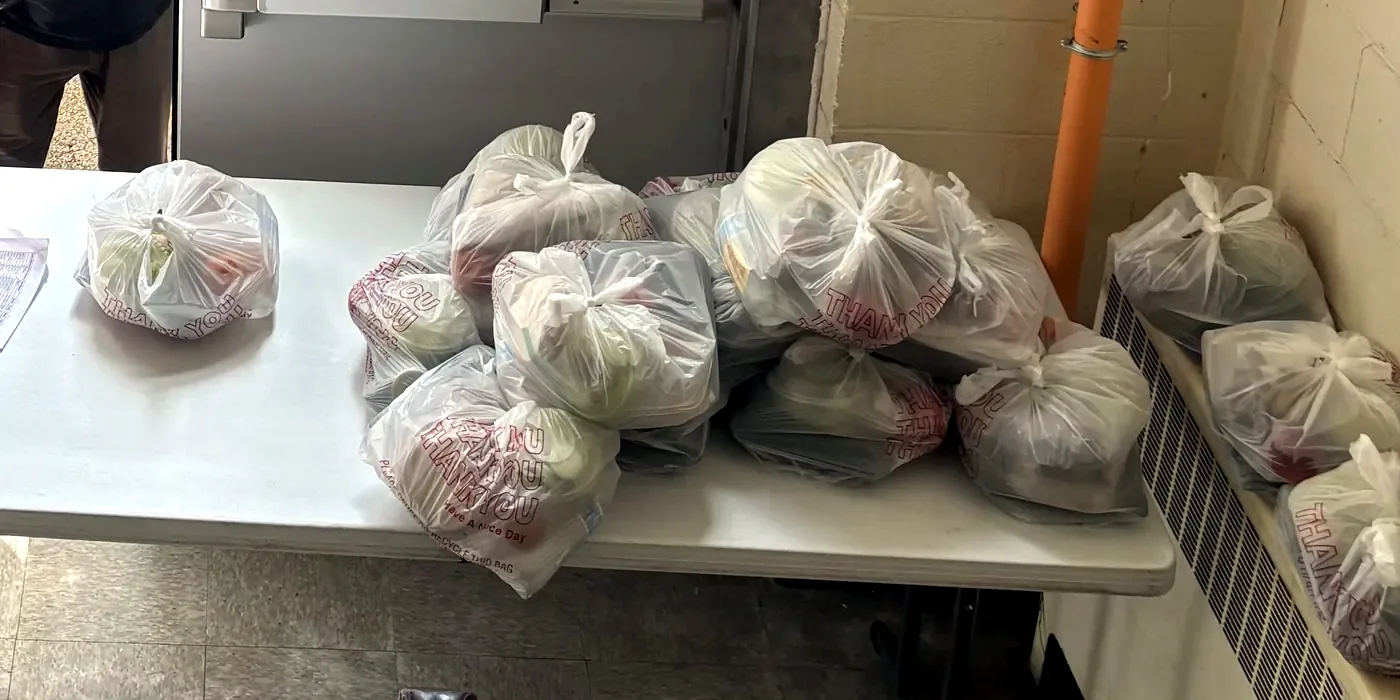 Bagged groceries lined up on a table, ready to be collected